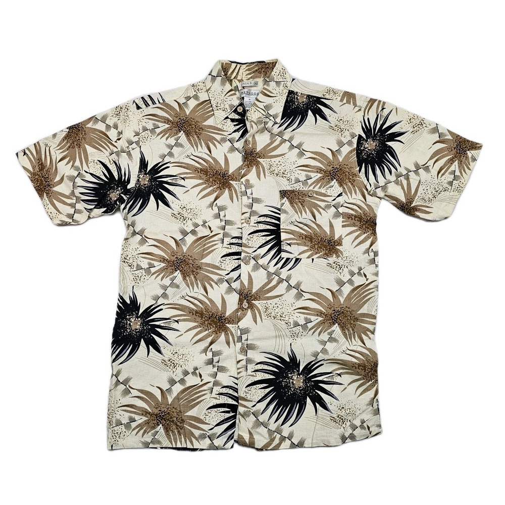 Methode Hawaiian Shirt Mens M Linen Rayon Palm Tree Black Beige Coconut Buttons